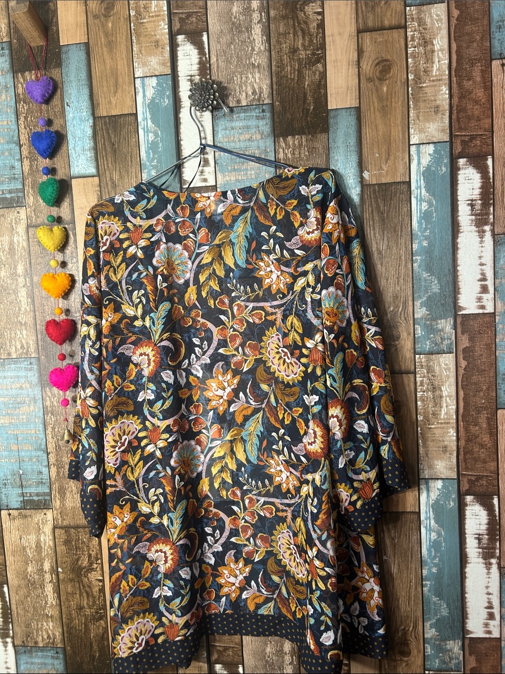 Christopher & Banks Navy Floral Open-Front Kimono with Mustard & Rust Accents - Picture 12 of 14